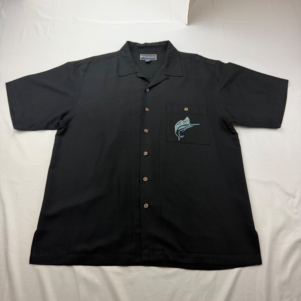 Weekender Button Shirt Mens L Black Marlin Tropical Pineapple‎ Embroidered Rayon